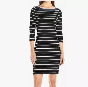 Tommy Hilfiger Size 4 Black White Stripe Rayon Blend Knit Boardwalk Sheath Dress - Picture 1 of 6