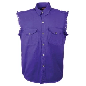 Men's Riding Motorcycle Casual Purple Cotton Cut off Frayed Sleeves Shirt New  - Picture 1 of 2