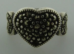LOVE ME Sterling Silver & Marcasite Heart Ring - Picture 1 of 5