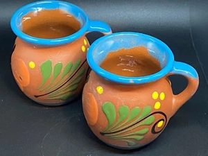 2 Mexican Hand Painted Clay Mugs aka Jarrito, 4.25" Tall, 4.75" Wide - Picture 1 of 7