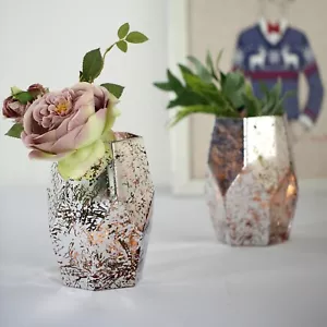 2 Vasi portacandele Pentagono geometrico vetro mercurio altezza 8" ARGENTO ORO ROSA - Foto 1 di 5