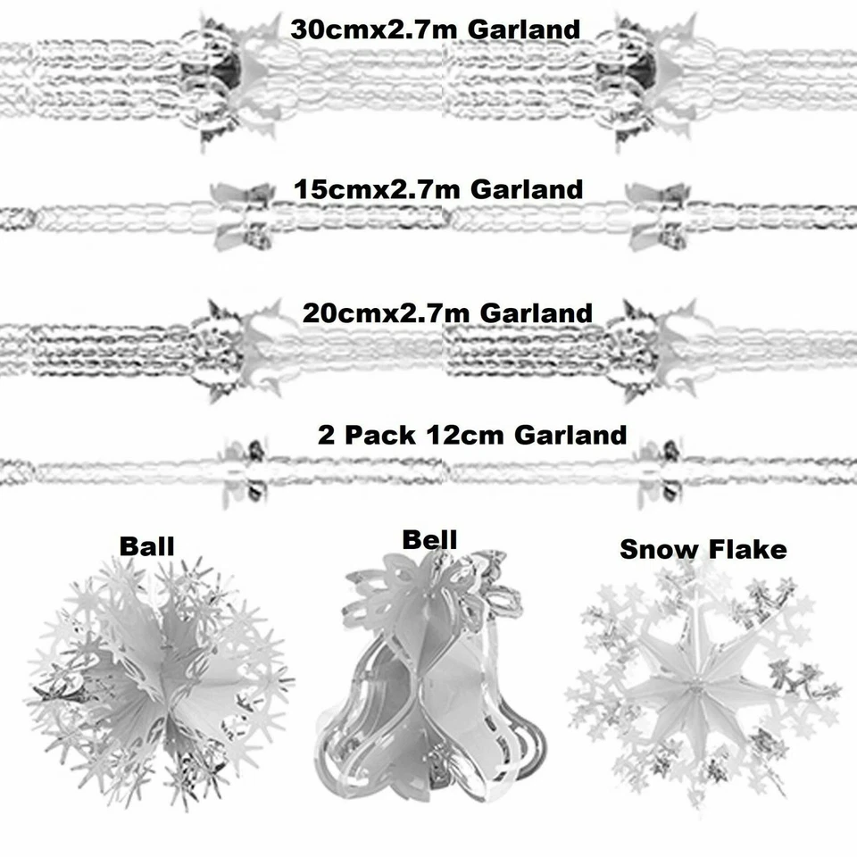 White/Silver Xmas Hanging Ceiling Wall Decoration Foil Garland Ball SnowFlake - Image 1 of 3