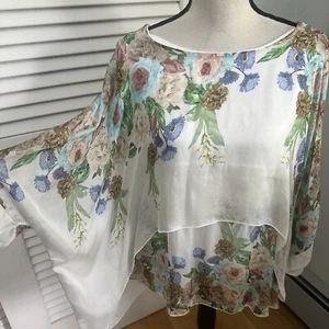 LE MARIAS Womens Top Large 100% Silk Tunic White Floral Flowy Romantic Summer - Picture 1 of 9