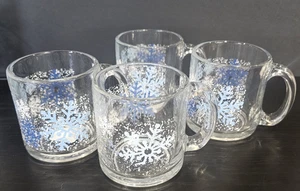 4 Vintage Libbey Mugs "Clearly Winter" Blue White Snowflake Coffee Made in USA - Picture 1 of 9