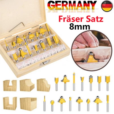 15tlg 8mm Fräsersatz HM Oberfräser-Set.Schaft Nutfräser für Oberfräse Holzfräser - Bild 1 von 4