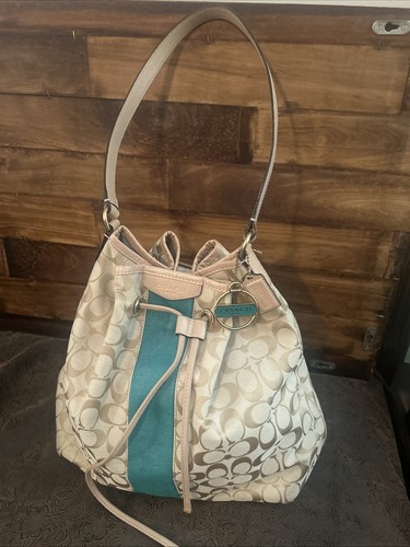 Coach F30581 Tan Signature C Green Stripe Drawstring Crossbody Shoulder Bag Tote