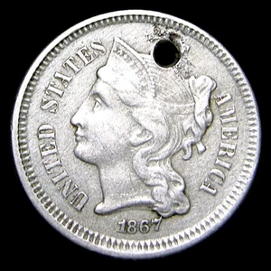 1867 Copper Nickel Three Cent Piece 3cp ---- Nice Holed Coin ---- #940U - Picture 1 of 2
