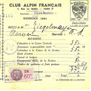 Carte membre Club Alpin Français. Exercice 1941. Section Alpes- Maritimes - Picture 1 of 1