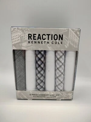 Mens Kenneth Cole Reaction 6 Piece Handkerchief 100% Cotton - White Gray *New* - Image 1 of 4