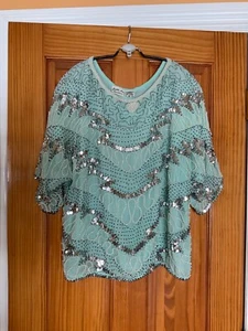 VTG Judith Ann Creations 100% Silk Sequin Beaded Sleeved Blouse Women's Size M - Picture 1 of 4
