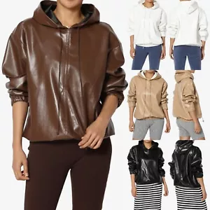 TheMogan maglione donna ecopelle oversize felpa con cappuccio pelle vegan - Foto 1 di 32
