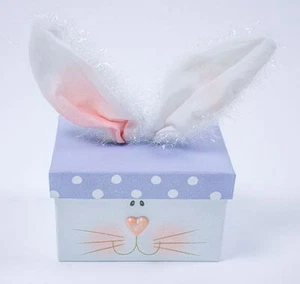 WHIMSICAL EASTER BUNNY RABBIT BOX SHIMMERY EARS POLKA DOTS CARDBOARD - Picture 1 of 1