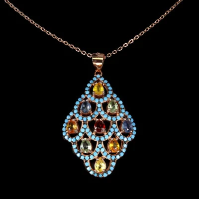 925 Sterling Silver Necklace Pear Sapphire Multi Colors Gemstone Jewelry - Image 1 of 4