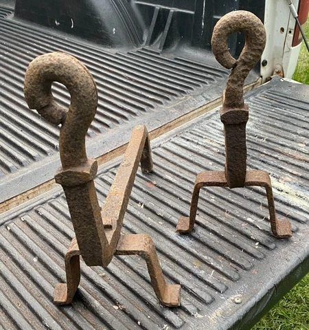 PRIMITIVE ANTIQUE SOLID IRON FIRE DOGS ANDIRONS - KEYHOLE ARTS & CRAFT HANDMADE Cover