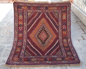 Geometric Afghan Mushvani Area Rug 3x5 ft Red Handmade Tribal Vintage Small Rug - Picture 1 of 11