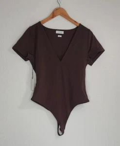 Babaton Contour V Neck Plunging Thong Bodysuit Short Sleeve Size XL Brown NEW - Picture 1 of 7