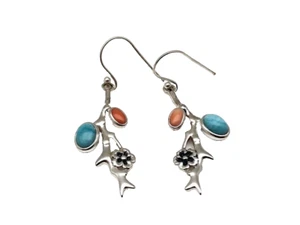 EARRINGS Sterling Silver Branch Flower Earrings w Larimar & Coral Stones by S&F - Picture 1 of 5