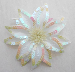 Sequin Flower Hair Clip White Glitter Bridal Ponytail Band Pin 6 Inches Wide - Picture 1 of 6