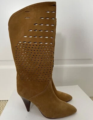NIB Isabel Marant Lurrey Brown Suede Perforated Mid Calf Pointed Boots 37 $1175 - Image 1 of 4