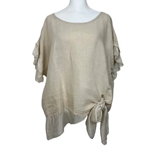 Belle France beige Leinen & Seide Top mit Flatterärmeln und Bindeband vorne groß - Bild 1 von 8