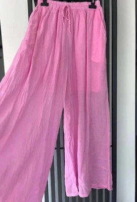 Calça italiana Lagenlook bolsos cintura elástica tamanho único Reino Unido 10-16 rosa doce - Imagem 1 de 3