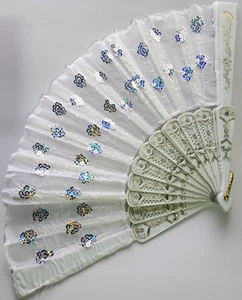 Gold & White Large Lace Floral Folding Hand Held Plastic Chinese Fan - Picture 1 of 8
