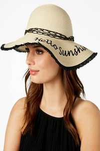 INC Sombrero para el Sol Ratán Tejido de Paja HELLO SUNSHINE Sombrero Floppy Beige Negro Nuevo con Etiquetas Por12 - Imagen 1 de 3