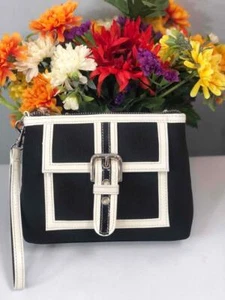 ISABELLA FIORE Buckle Black Durable Nylon w White Patent Leather Small Wristlet - Picture 1 of 5