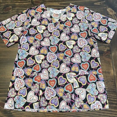 Scrub Top Size M Boho Hearts Pattern By Scrubs Only 100% Cotton Valentines - Image 1 of 4