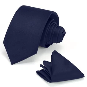 Mens Tie Set Solid Color 3.15" 8CM Navy Blue Formal Necktie and Pocket Square... - Picture 1 of 7