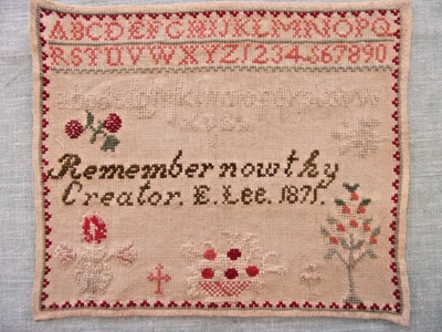 Antique Needlework Childs Sampler 1875 Alphabet Tree Flowers 12" X 10" - Image 1 of 4