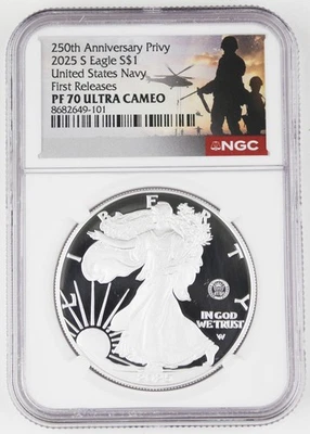 ¡EN STOCK! Águila de plata 2025 W $1 250 aniversario Navy prueba privada NGC PF70 FR Foto 1 de 4
