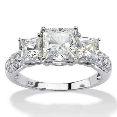 3.43 Cttw. Created White Sapphire Platinum-plated Sterling Silver 3-Stone Ring - Imagem 1 de 4