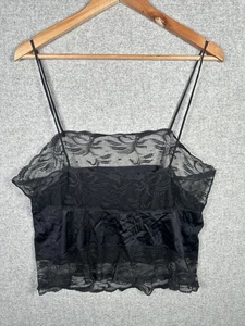 Vintage Sears Large Cami Lingerie Top Donna Nero Pizzo Nylon Leggero USA - Foto 1 di 12