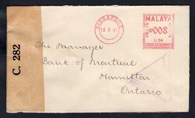 SINGAPORE Malaya 1941 Meter Cancel on Censored Cover to Hamilton Canada - Image 1 of 2