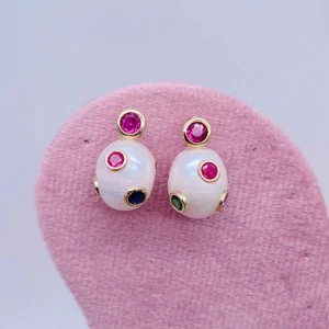 Freshwater White Pearl Stud Earrings Cz Pave Handmade Earring Pearl Jewelry - Picture 1 of 6
