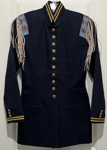 DOUBLE D RANCH WEAR Fringed Beaded Navy Blue Wool Military Cavalry Jacket Sz S - Picture 1 of 7