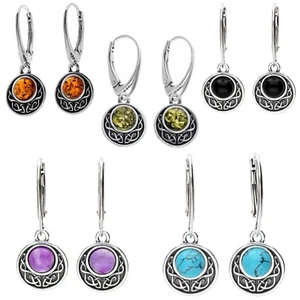 Celtic Round Gemstone Earrings Sterling Silver 925 Amber Turquoise Onyx Amethyst - Picture 1 of 11
