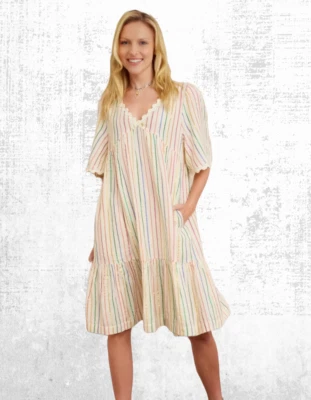 Ex WYSE Women’s Short Sleeve Elise Stripe Shimmer Dress in Ecru/Multi RRP £180 - Image 1 of 4