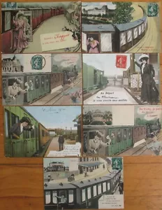 Ferrovia/Treni con donne - SETTE 1910 cartoline fantasy francesi - strada ferroviaria/ferrovia - Foto 1 di 1