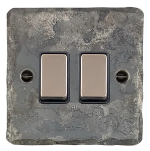 G&H FR302-BN Flat Plate Rustic Silver 2 Gang 1 or 2 Way Rocker Light Switch - Picture 1 of 1