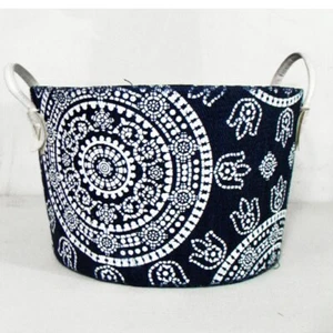 Cottage Beach Large White Blue Batik Basket White Leather Handles 8-1/4" Tall - Picture 1 of 12