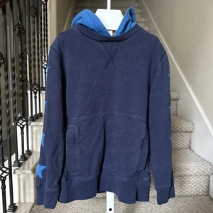 Boys Mini BODEN Sz 9 10y Hoodie Sweat Shirt Top Blue Navy Star Sleeves - Picture 1 of 8