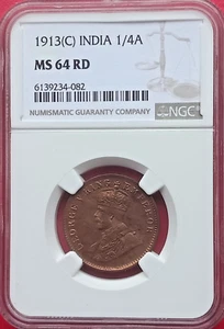BRITISH INDIA 1913 C GEORGE V ONE QUARTER ANNA NGC GRADED MS 64 RARE COPPER COIN - Picture 1 of 4