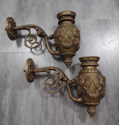 Vintage Pair Bronze Wall Bracket Lamp Fixtures Cherubs Architectural Salvage - Image 1 of 4