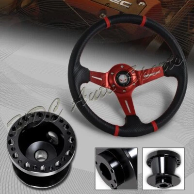 For 95-06 Hyundai Accent 350MM Red/Carbon PVC Steering Wheel+Black Aluminum Hub - Image 1 of 4