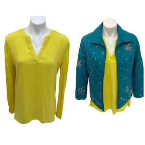 INC Top Chaqueta Mujer Lote Mediano Floral Bordado Cremallera Bolsillos Trabajo Amarillo - Imagen 1 de 12