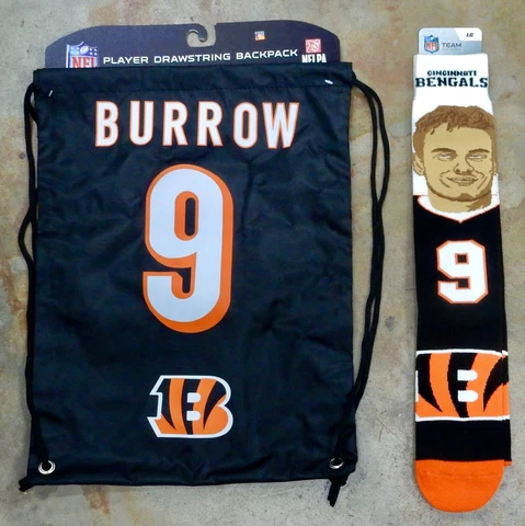 2 Pack NFL Cincinnati Bengals Joe Burrow Black Large Socks String Bag Backpack Cover