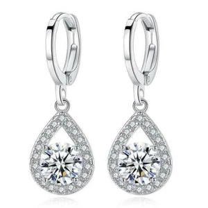 Pendientes redondos de circonio blanco rellenos de oro blanco con gota de agua hebilla para mujer - Imagen 1 de 5