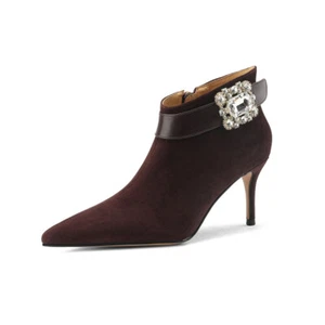 Womens Pointed Toe Real Suede Leather Ankle Boots Rhinestone 7cm Stilettos Heels - Picture 1 of 18